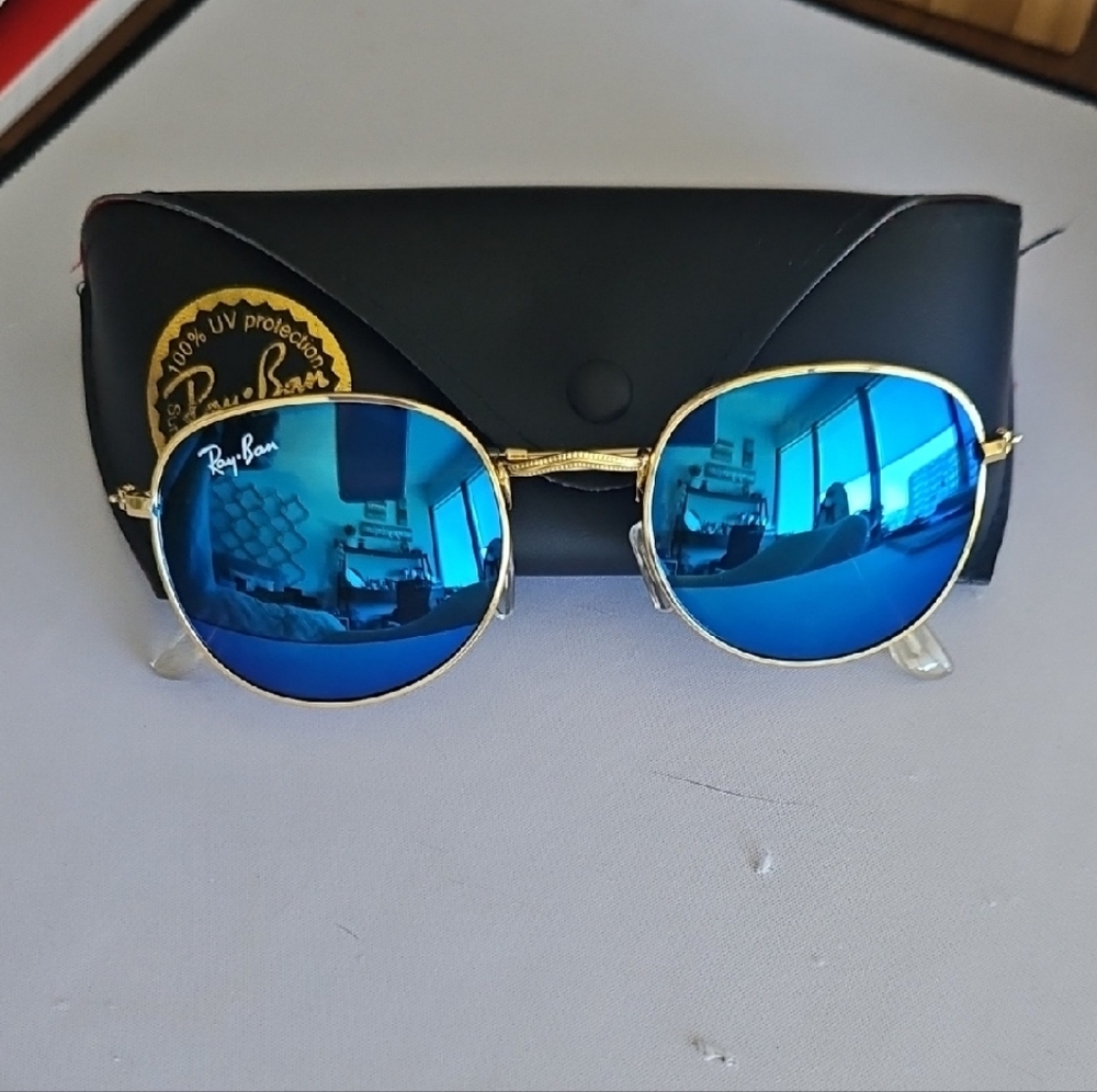 Ray-Ban Round Gold Frame Sunglasses with Blue Mirror  Lenses